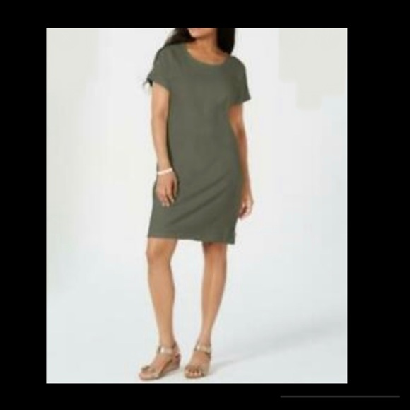 Karen Scott Olive Cotton Knit Button Shoulder Dress - Picture 3 of 5